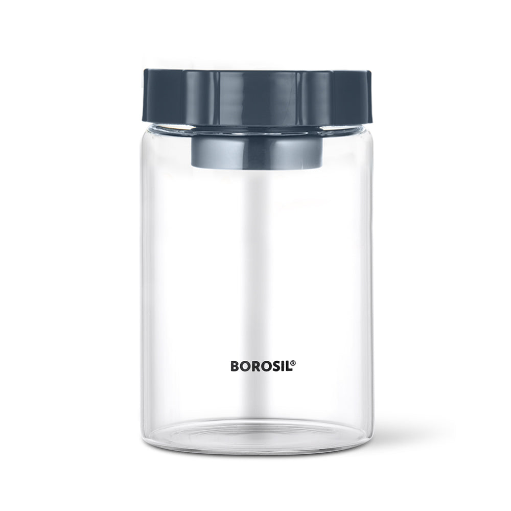 Borosil Endura Easyscoop Airtight Glass Jar with PP Lid Gray , 900 Ml
