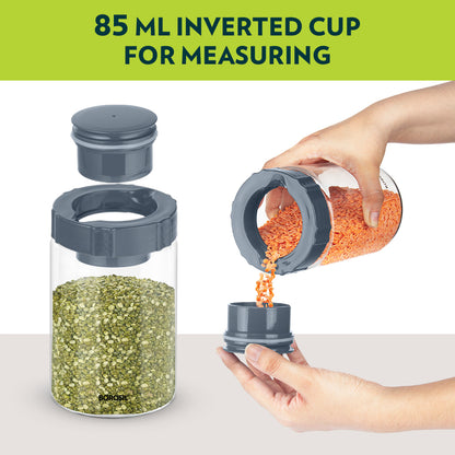 Borosil Endura Easyscoop Airtight Glass Jar with PP Lid Gray , 900 Ml