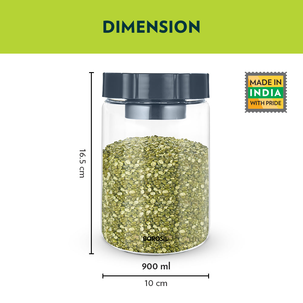 Borosil Endura Easyscoop Airtight Glass Jar with PP Lid Gray , 900 Ml