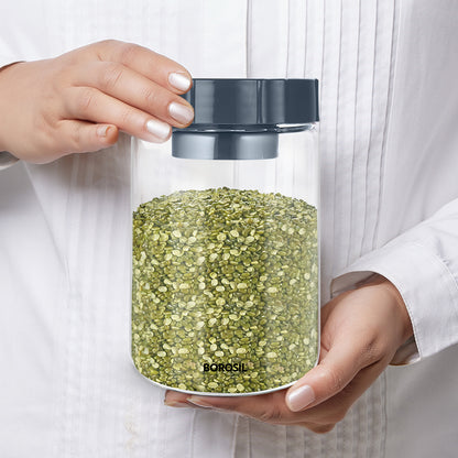 Borosil Endura Easyscoop Airtight Glass Jar with PP Lid Gray , 900 Ml