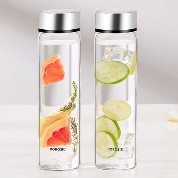 Borosil Neo Glass Water Bottle with Stainless Steel Lid, 550 ml - Set of 2