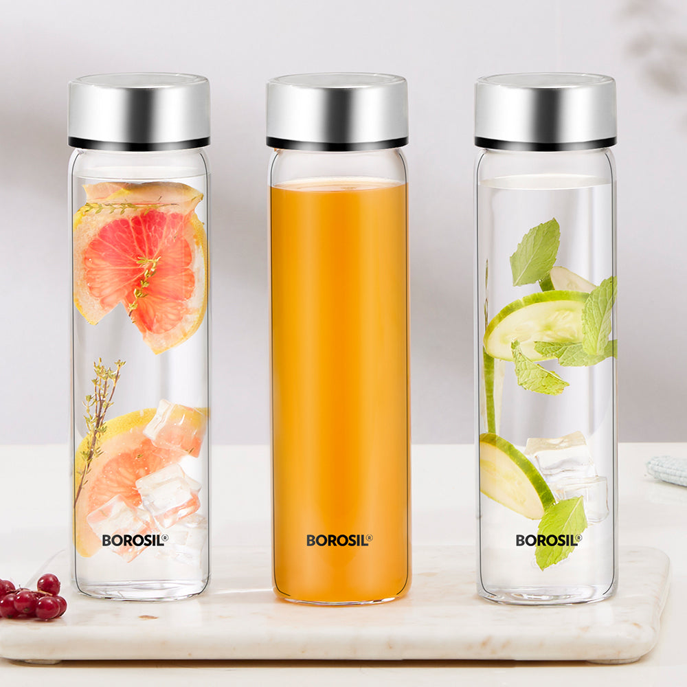 Neo Clear Glass Bottle Set, Silver Lid