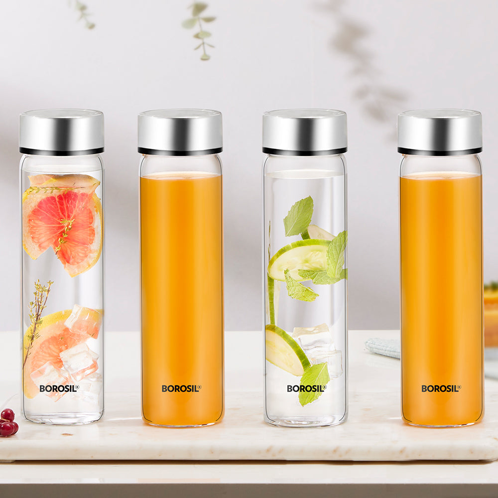 Borosil Neo Glass Water Bottle with Stainless Steel Lid, 550 ml - Set of 4