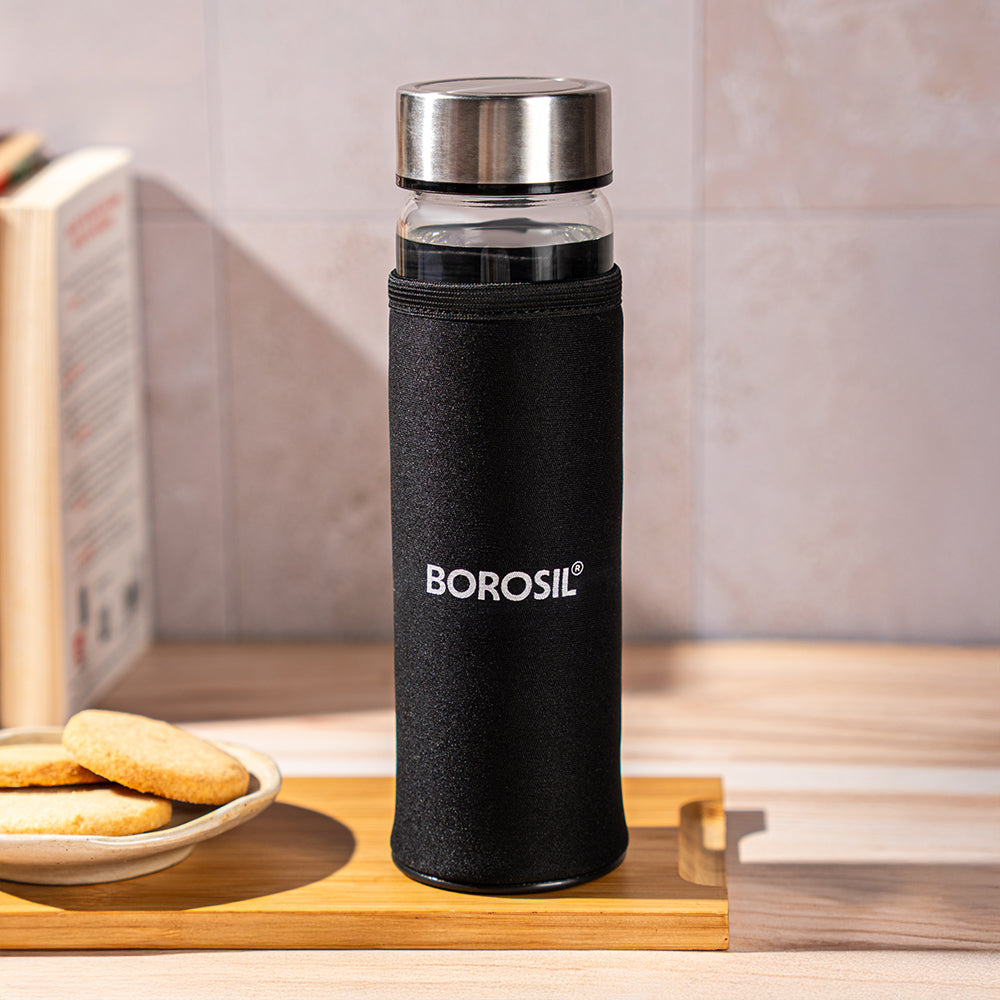 Borosil Neo Glass Bottle SS Lid Wide Mouth w Neoprene Cover, 550 ml