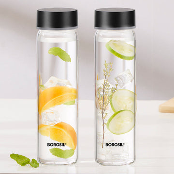 Borosil Neo Glass Water Bottle with Black Stainless Steel Lid, 550ml - Set of 2
