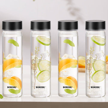 Borosil Neo Glass Water Bottle with Black Stainless Steel Lid, 550ml - Set of 4