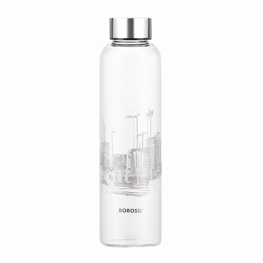Borosil Neo Narrow Mouth Roma Glass Bottle with Silver Lid