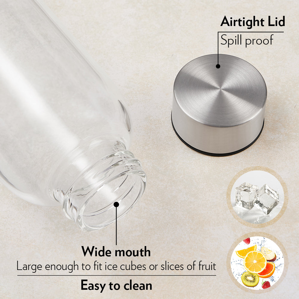 Borosil Neo Narrow Mouth Roma Glass Bottle with Silver Lid