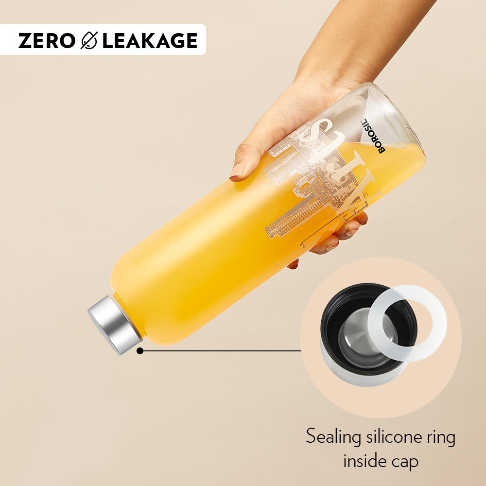 Borosil Neo Narrow Mouth Roma Glass Bottle with Silver Lid