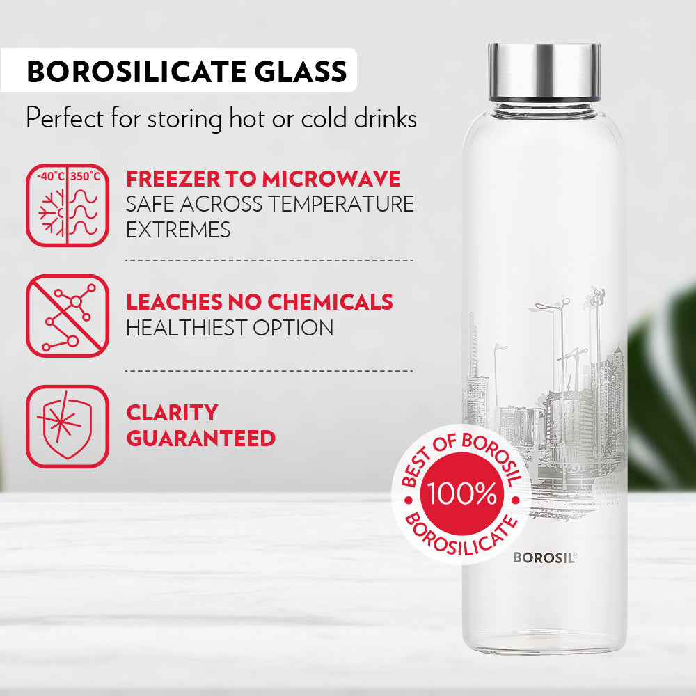 Borosil Neo Narrow Mouth Roma Glass Bottle with Silver Lid