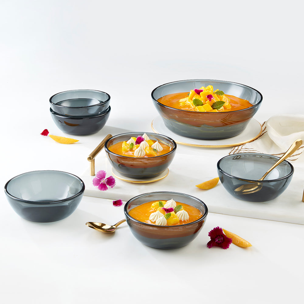 Borosil Aura Glass Big Pudding Set, Grey, 7 pc
