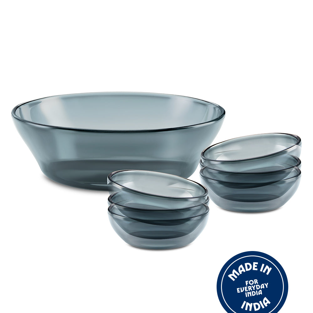Borosil Aura Glass Small Pudding Set, Grey, 7 pc