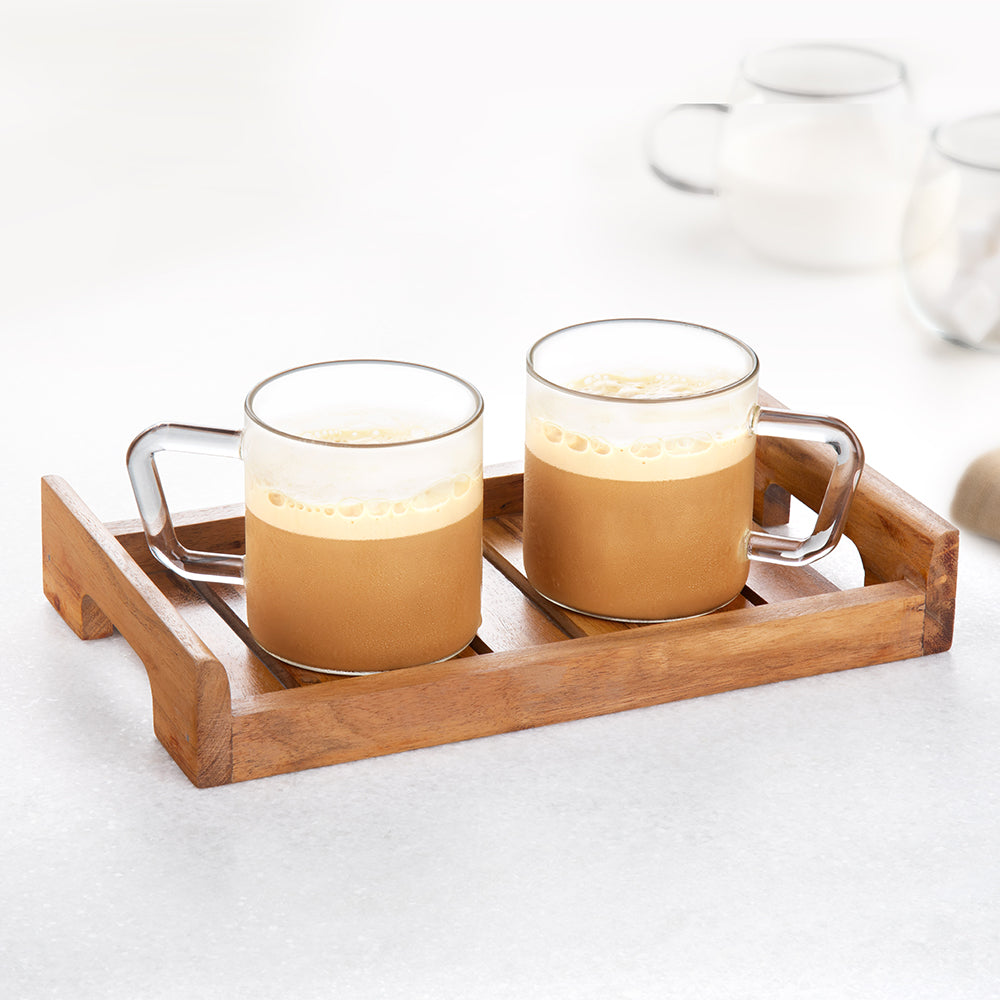 Borosil Vision Classic Delite Mug Set w Wooden Tray, 305ml x 2