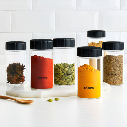 Borosil Neo Fridge Proof Glass Spice Jars Set of 6 , 250 Ml