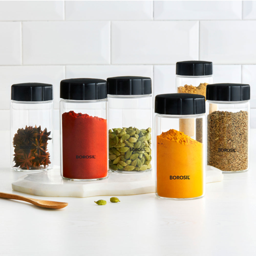 Borosil Neo Fridge Proof Glass Spice Jars Set of 6 , 250 Ml