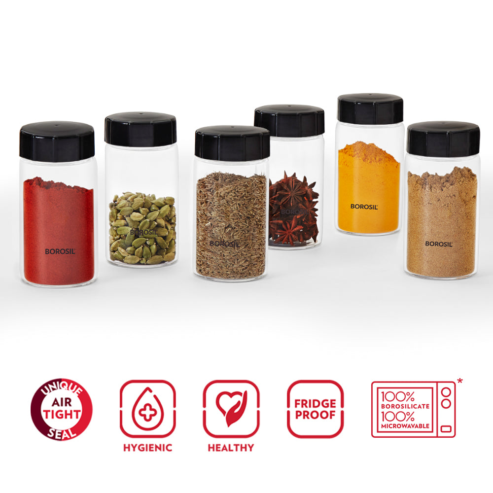 Borosil Neo Fridge Proof Glass Spice Jars Set of 6 , 250 Ml