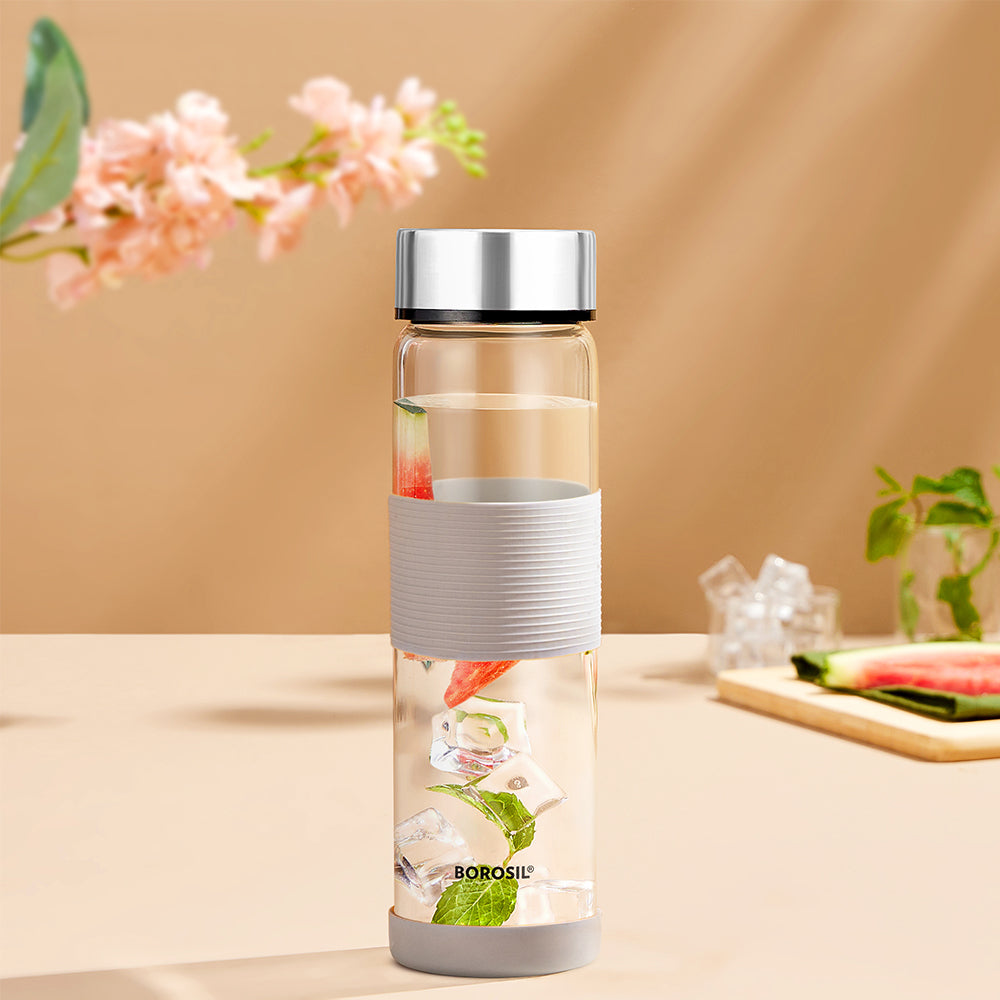 Borosil Neo Glass Bottle SS Lid Wide Mouth w Grey Silicon Grip, 550 ml