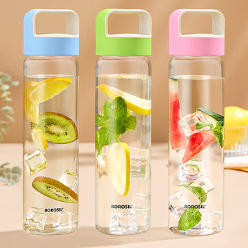 Borosil Neo Glass Water Bottle with Husk Lid, 550 ml Mulitcolor - Set of 3