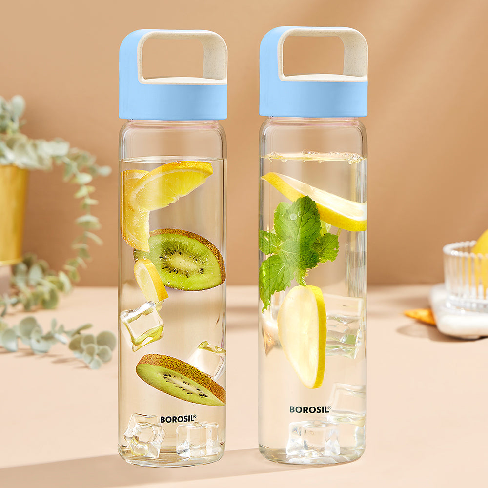 Borosil Neo Glass Water Bottle with Blue Lid, 550ml - Set of 2