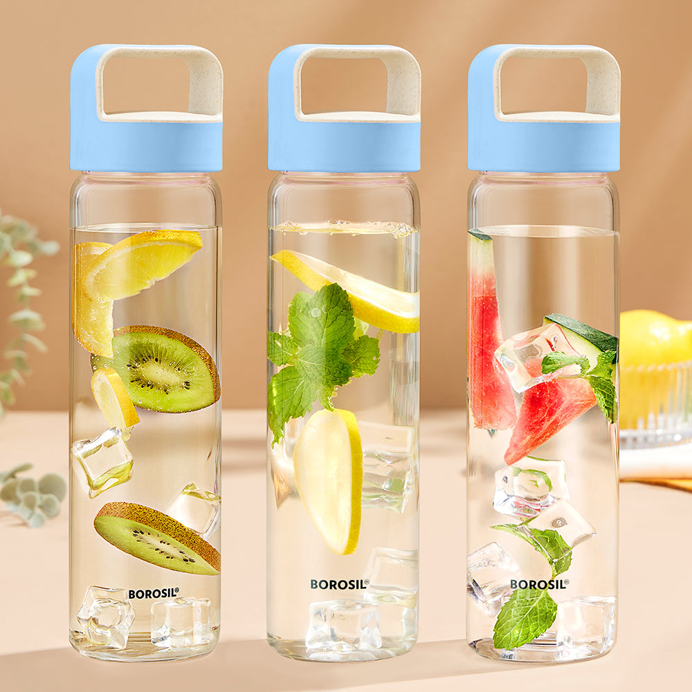 Borosil Neo Glass Water Bottle with Blue Lid, 550ml - Set of 3
