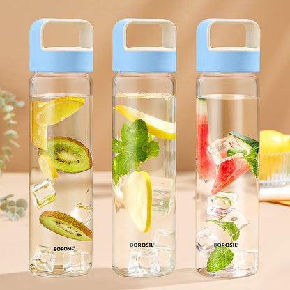 Borosil Neo Glass Water Bottle with Blue Lid, 550ml - Set of 3