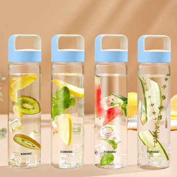 Borosil Neo Glass Water Bottle with Blue Lid, 550ml - Set of 4