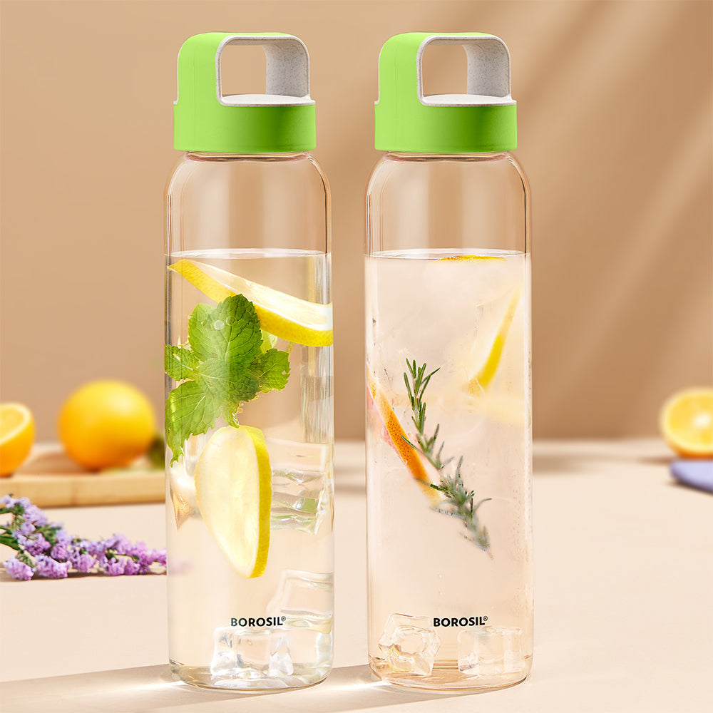 Borosil Neo Glass Water Bottle with Husk Green Lid, 1 L - Set of 2