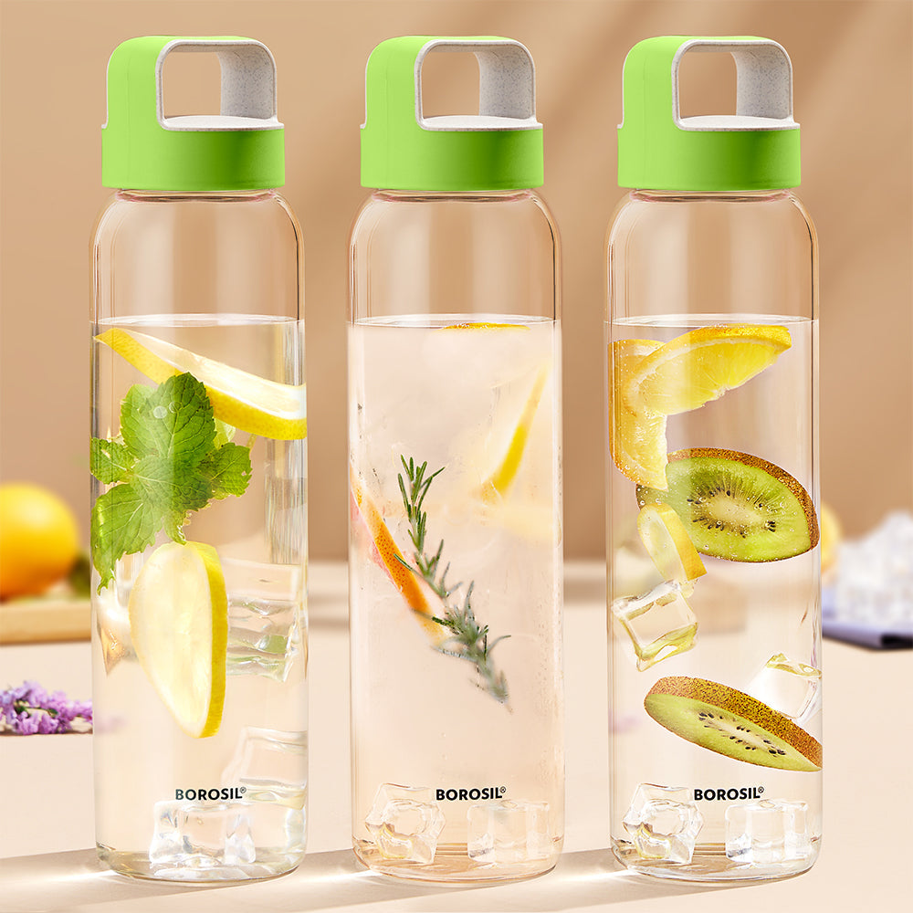 Borosil Neo Glass Water Bottle with Husk Green Lid, 1 L - Set of 3