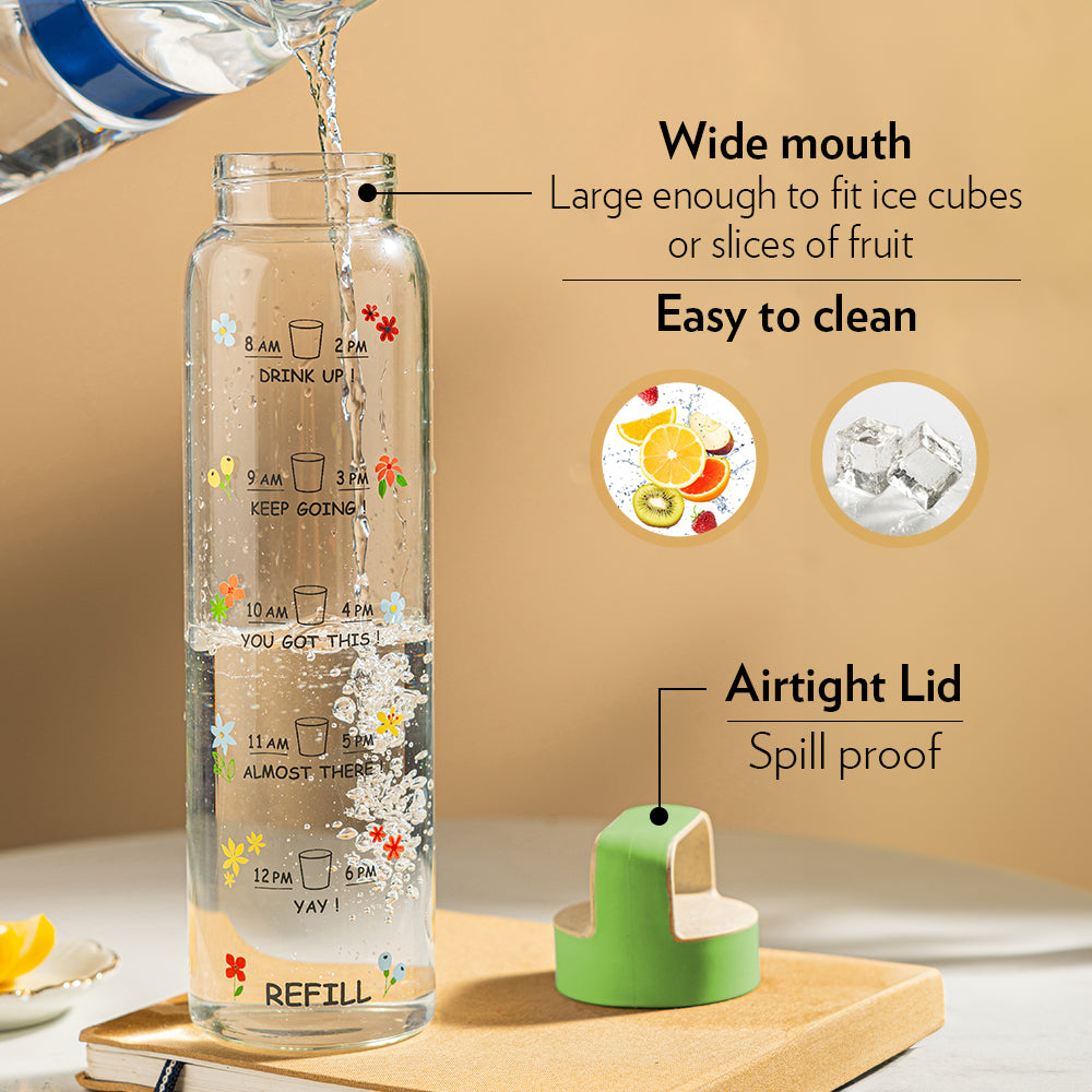 Borosil AM-PM Glass Bottle w Husk Lid, Green