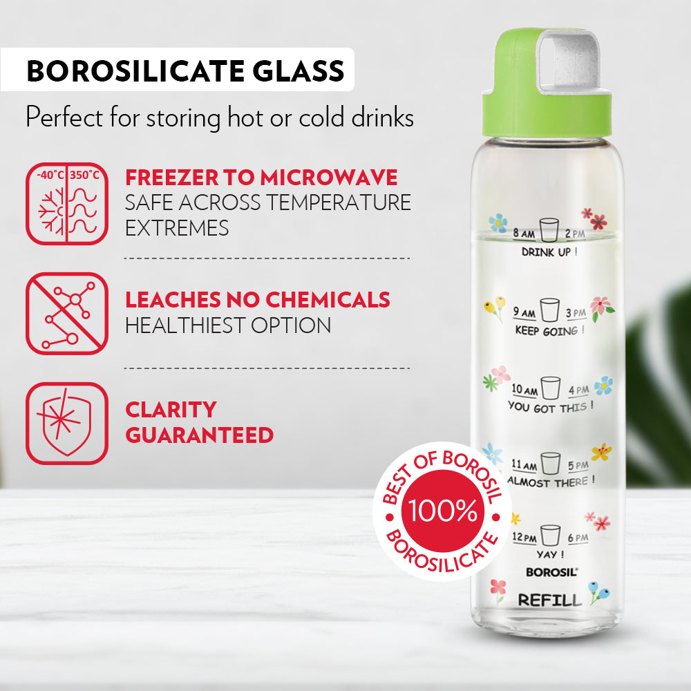 Borosil AM-PM Glass Bottle w Husk Lid, Green