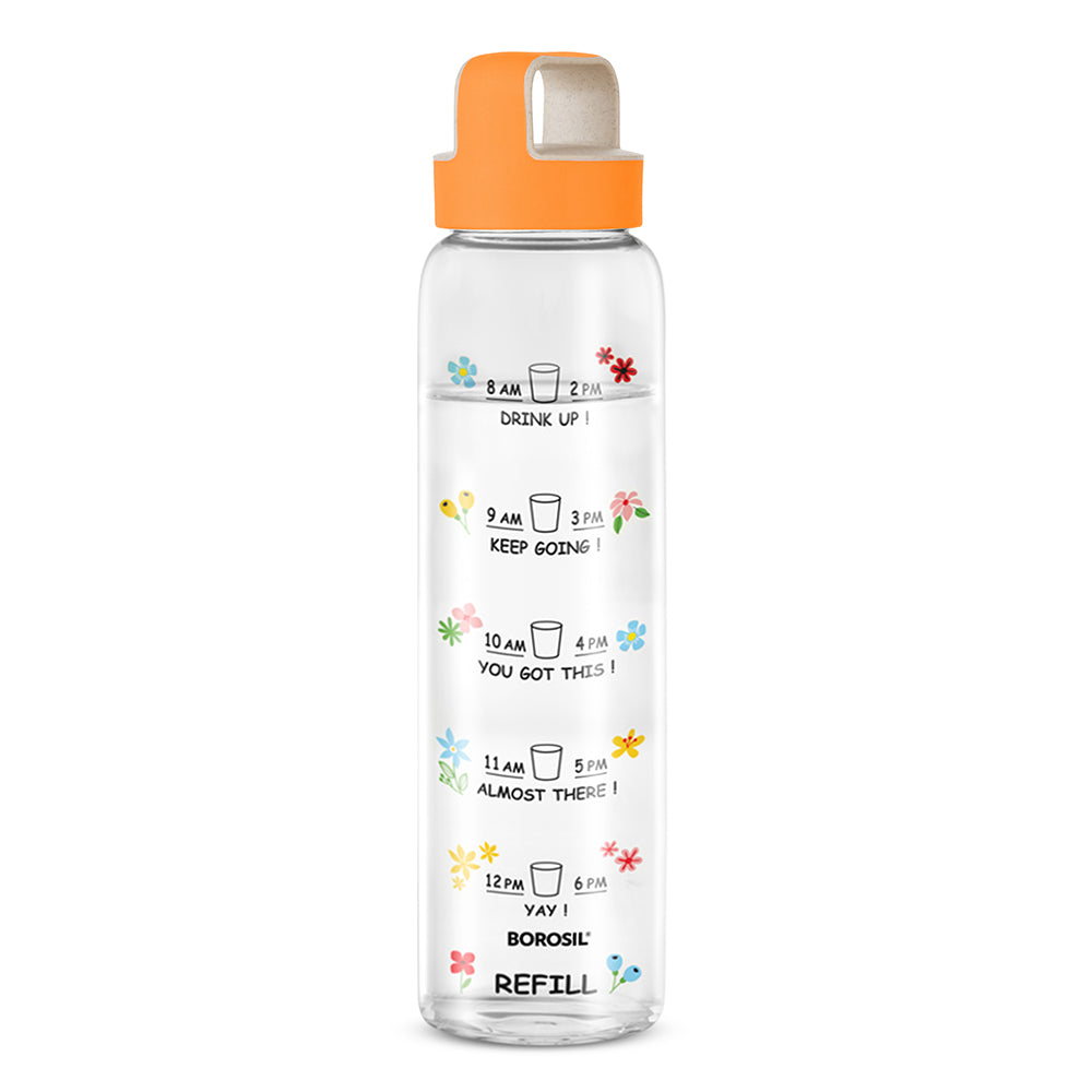 Borosil AM-PM Glass Bottle w Husk Lid, Orange