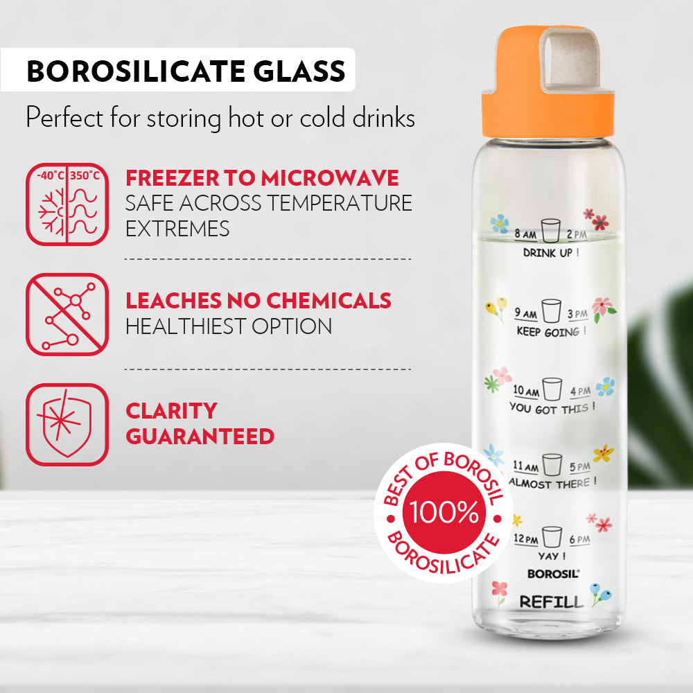 Borosil AM-PM Glass Bottle w Husk Lid, Orange