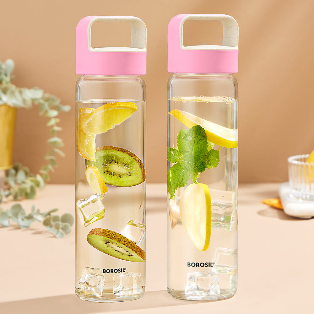 Borosil Neo Glass Water Bottle with Pink Lid, 550ml - Set of 2