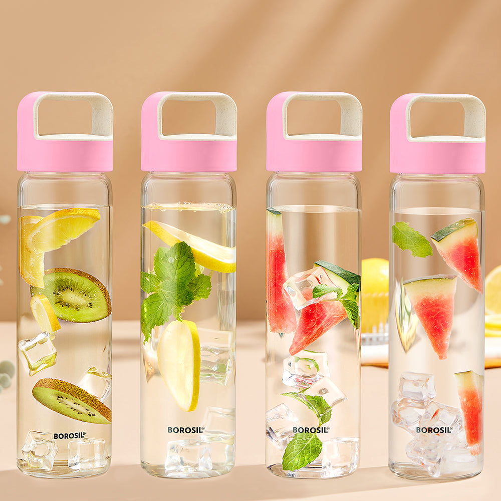 Borosil Neo Glass Water Bottle with Pink Lid, 550ml - Set of 4