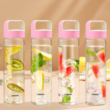Borosil Neo Glass Water Bottle with Pink Lid, 550ml - Set of 4