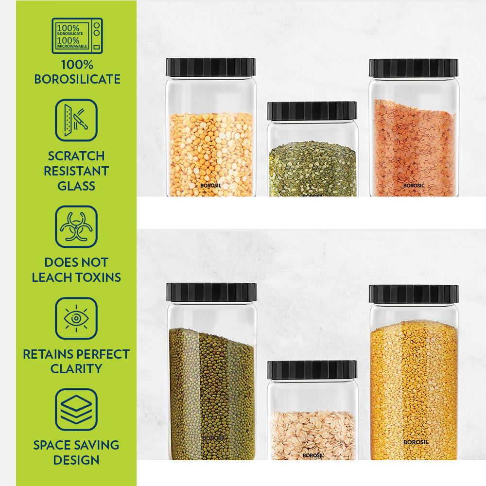 Borosil Endura Airtight Glass Jar, Black Lid-Personalise