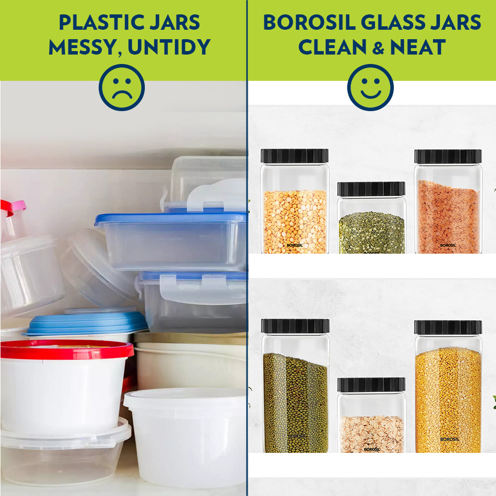 Borosil Endura Airtight Glass Jar, Black Lid-Personalise