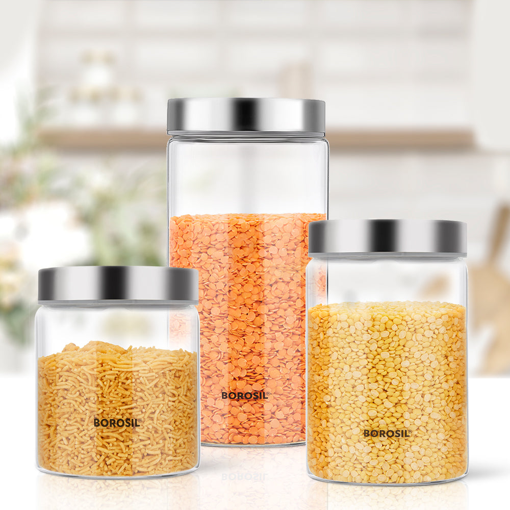 Borosil Endura Airtight Glass Jar Set, 750ml + 1 L+ 1.3 L