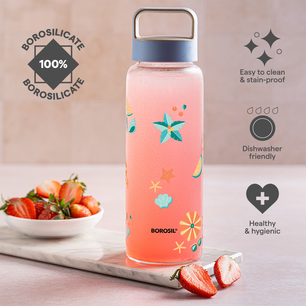 Borosil Tropica Glass Bottle w Husk Lid