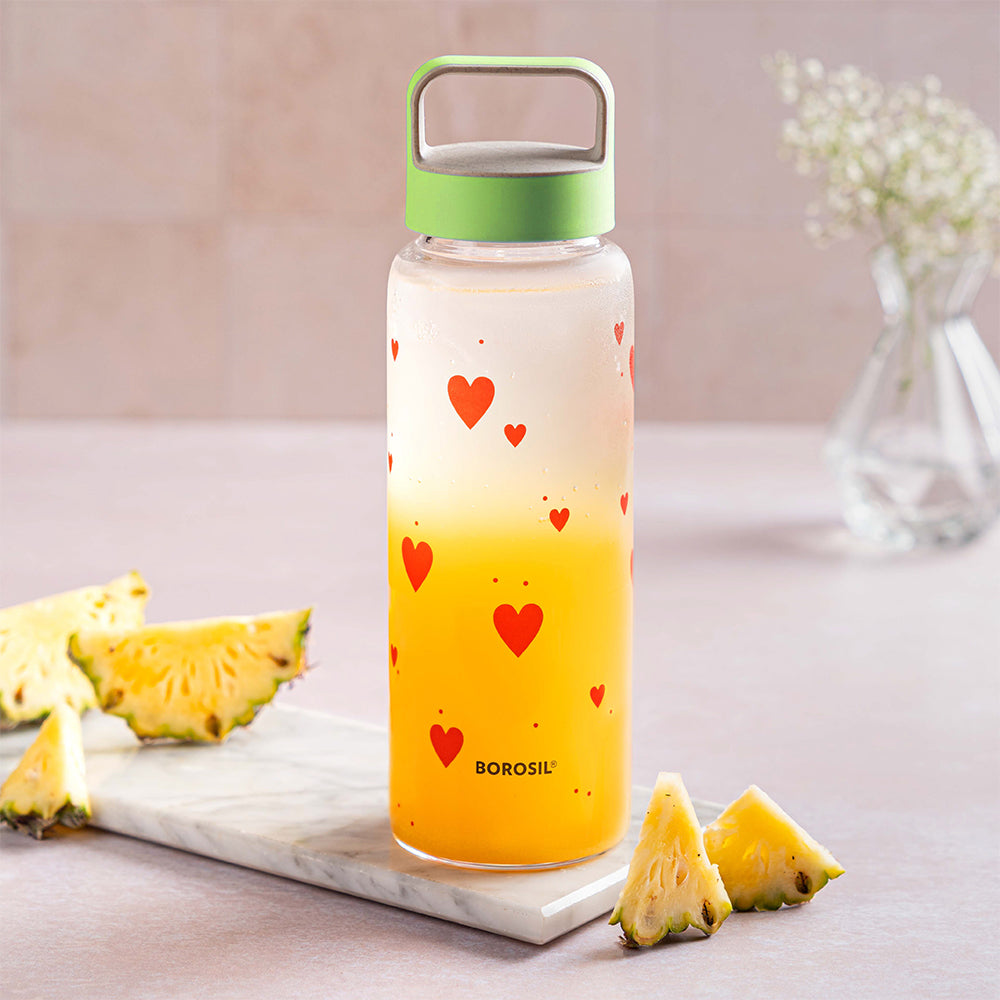 Borosil All Hearts Glass Bottle w Husk Lid