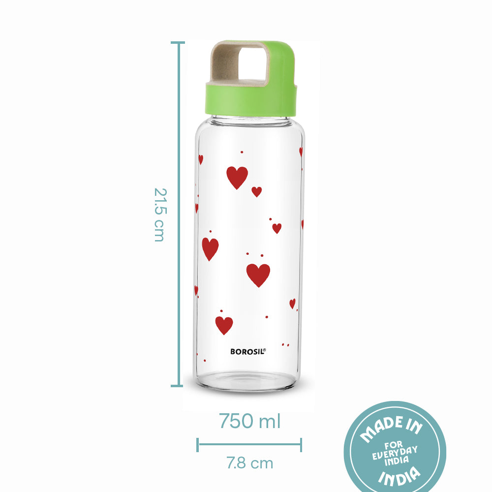 Borosil All Hearts Glass Bottle w Husk Lid