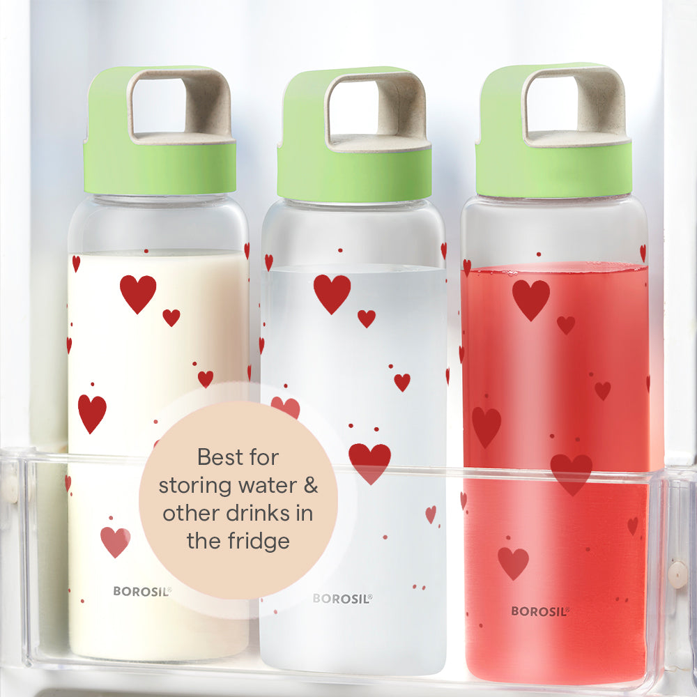 Borosil All Hearts Glass Bottle w Husk Lid