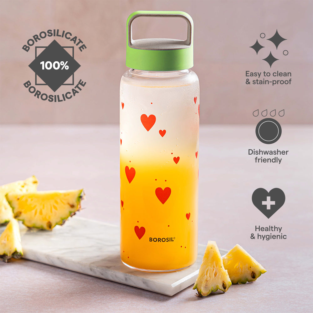 Borosil All Hearts Glass Bottle w Husk Lid