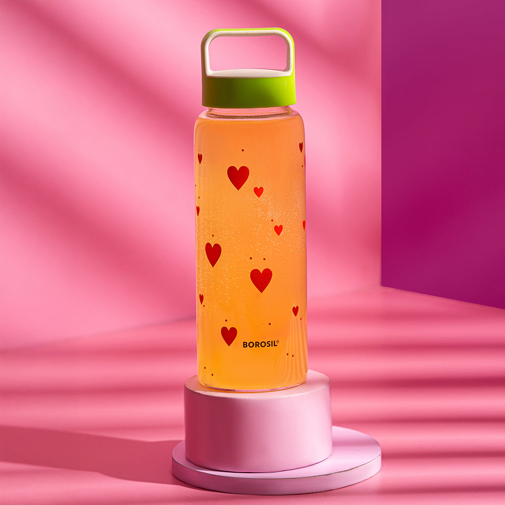 Borosil All Hearts Glass Bottle w Husk Lid