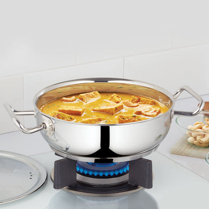 Borosil Cookfresh SS Flat Kadhai + Lid, 1.8L