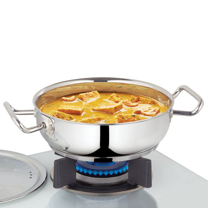 Borosil Cookfresh SS Flat Kadhai + Lid, 1.8L