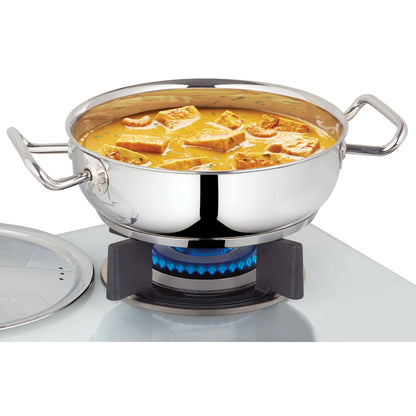 Borosil Cookfresh SS Flat Kadhai + Lid, 1.8L