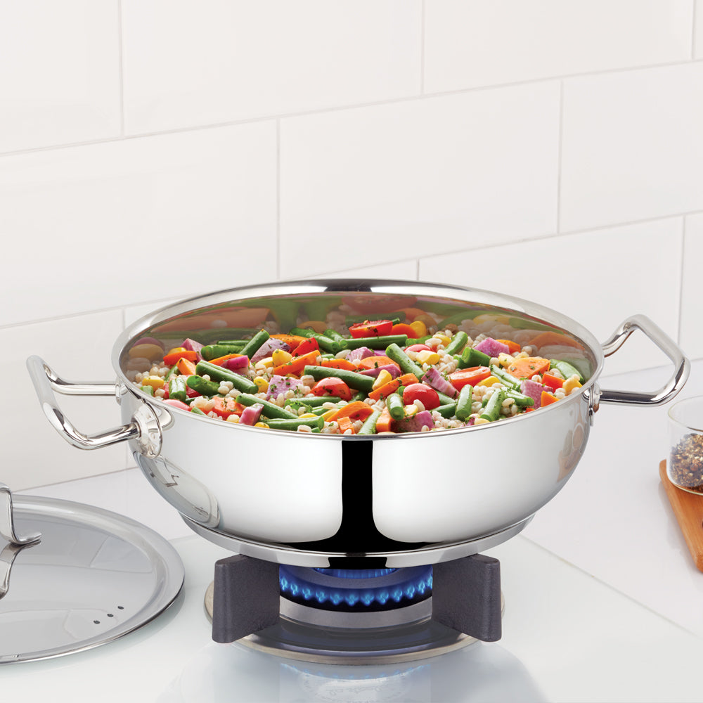 Borosil Cookfresh SS Flat Kadhai + Lid, 2.8L