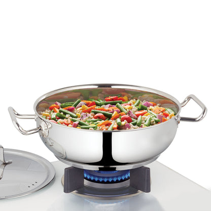 Borosil Cookfresh SS Flat Kadhai + Lid, 2.8L