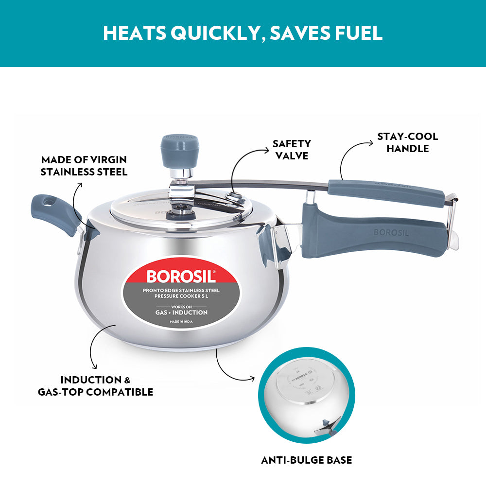 Borosil Pronto Edge SS Pressure Cooker, 5L
